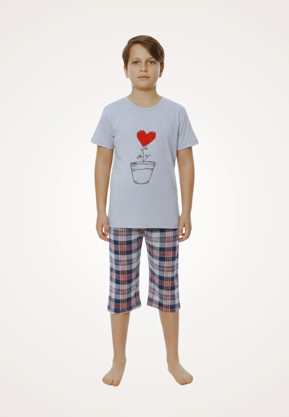 Pijama familie-copii, bumbac, mânecă scurtă și pantaloni 3/4, gri