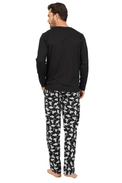 Pijamale Bărbați din Bumbac, Negru cu Imprimeu Mașinuțe, Pantaloni și Mâneci Lungi