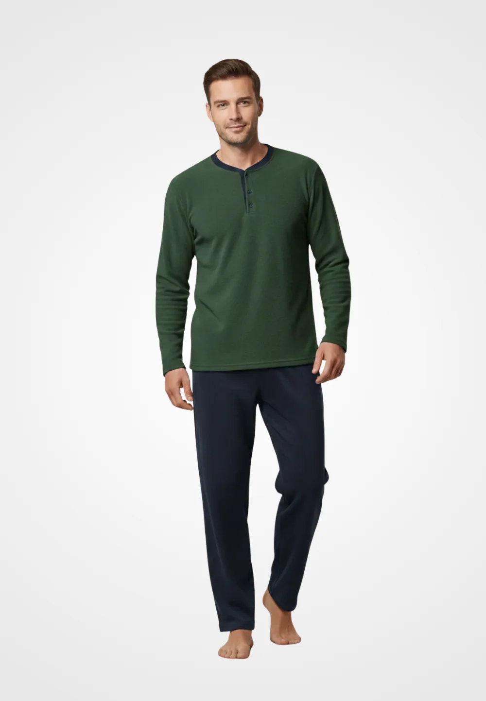 Pijamale bărbați polar verde închis și bleumarin cu decolteu cu nasturi