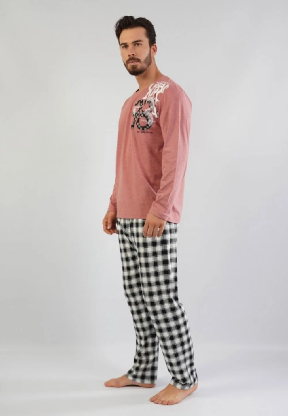 Pijamale Bărbați din Bumbac, Roz Pudră cu Imprimeu Text, Pantaloni și Mâneci Lungi