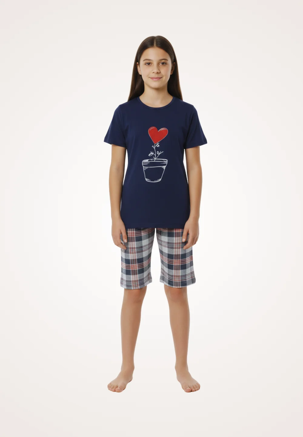 Pijama familie-copii, bumbac, mânecă scurtă și pantaloni 3/4, bleumarin