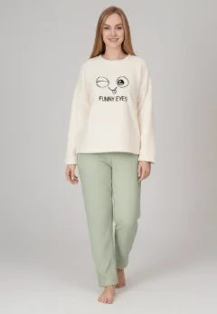 Pijamale damă cocolino alb și verde deschis cu imprimeu „Funny Eyes”