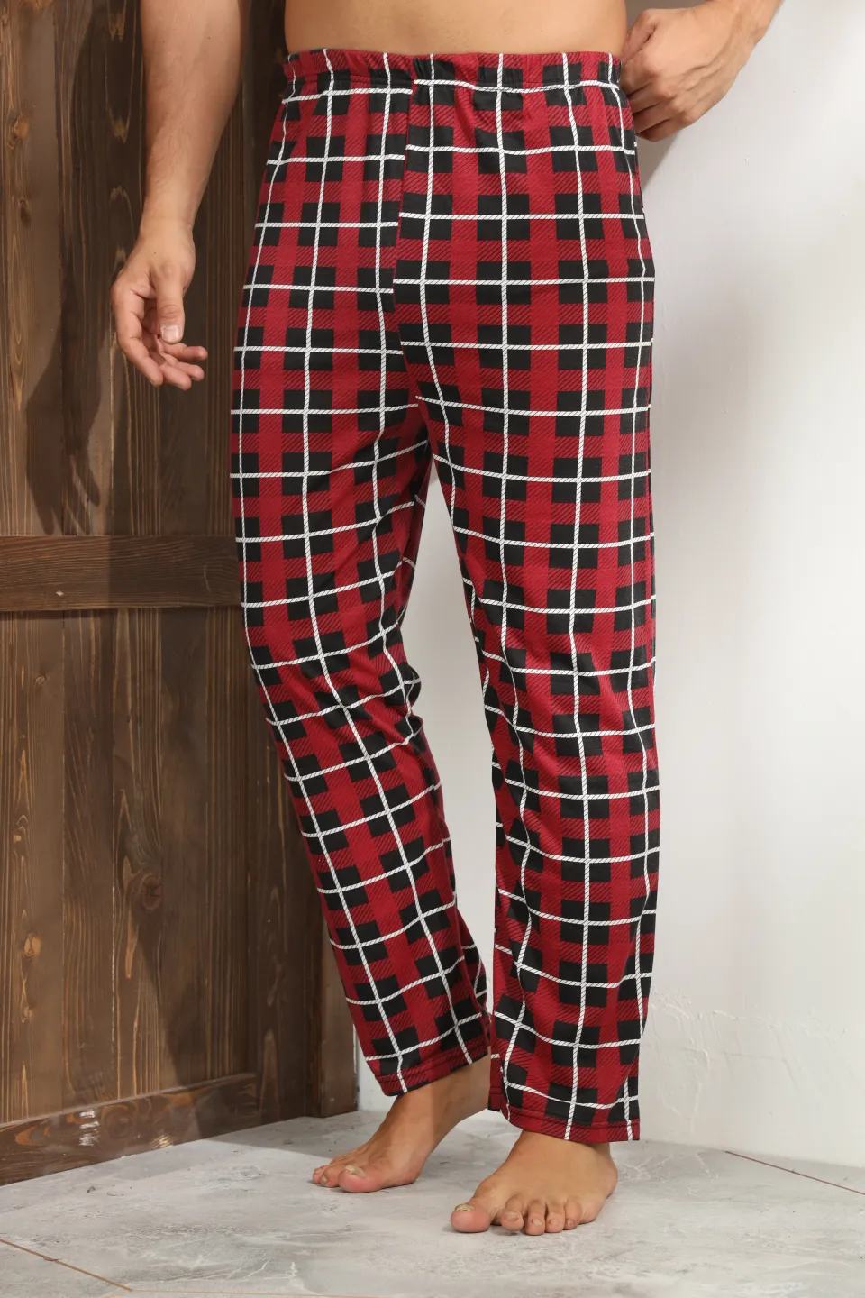 Pantaloni pijama bărbați roșii cu carouri alb-negru, croială lejeră-big size