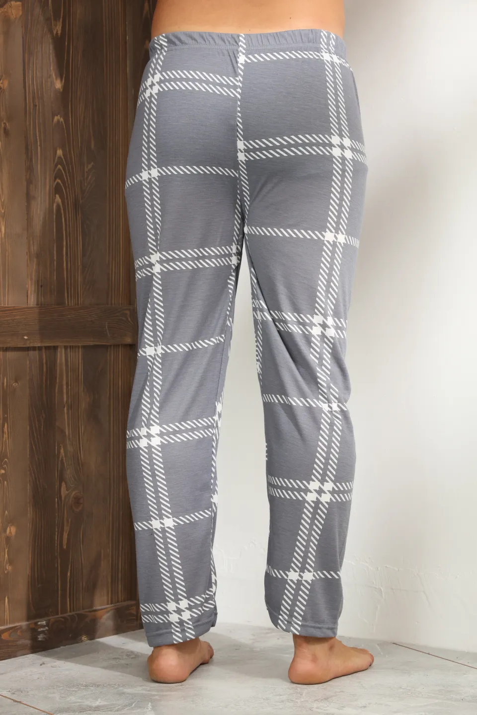 Pantaloni pijama bărbați gri închis cu carouri albe – croială lejeră-big size