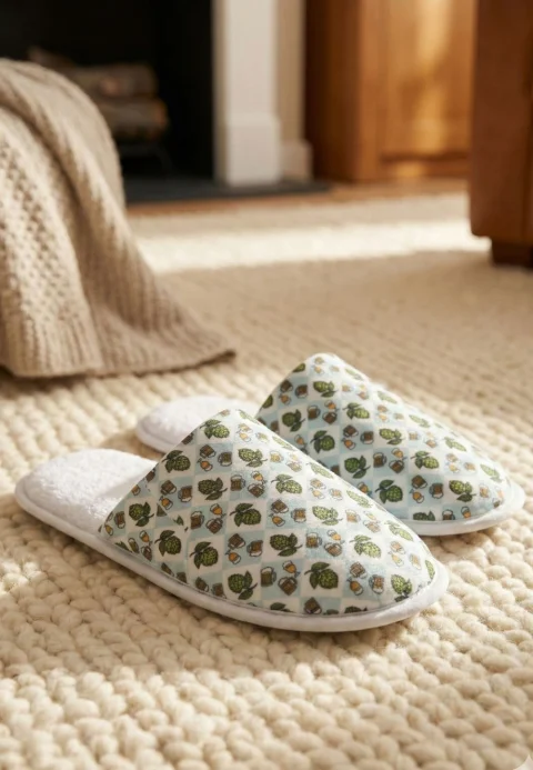 Papuci de casă pentru bărbați, în carouri bleu, cu imprimeu bere – comozi și călduroși