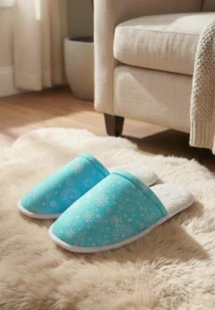 Papuci de casă damă cu puf, turcoaz deschis, cu imprimeu fulgi de zăpadă – comozi și călduroși