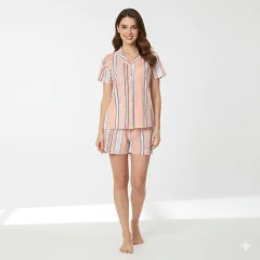 Pijamale damă cu mânecă scurtă si nasturi,  pantaloni scurți, imprimeu floral, portocaliu