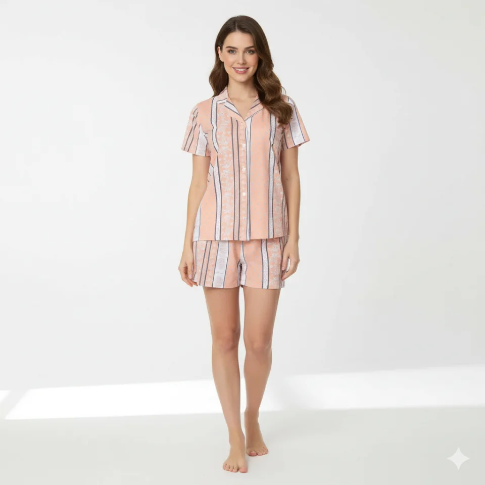 Pijamale damă cu mânecă scurtă si nasturi,  pantaloni scurți, imprimeu floral, portocaliu