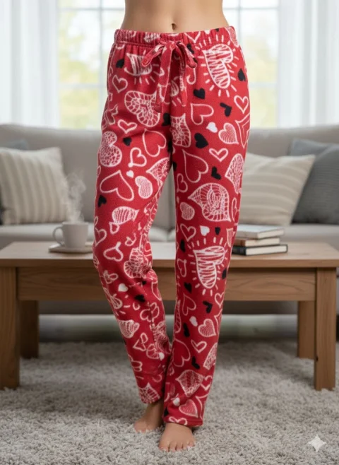 Pantaloni Dama Polar , Roșii, cu Inimioare