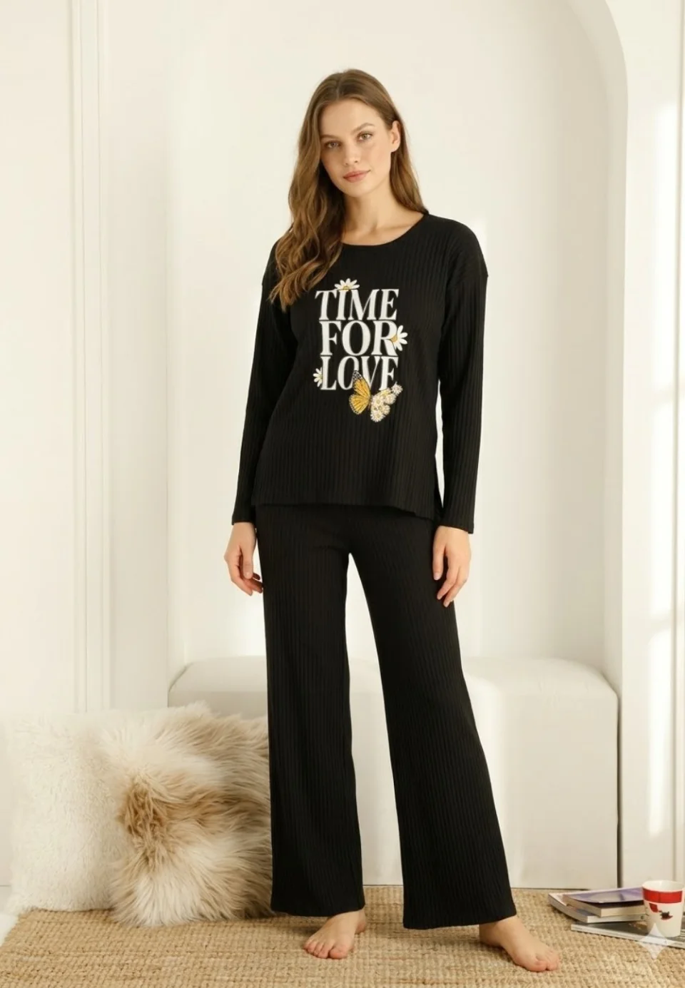 Pijama damă, mânecă lungă și pantaloni lungi cu imprimeu Time For Love, NEGRU