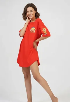 Rochie de casă Vienetta roșie, mânecă 3/4, imprimeu „Smile to the world”