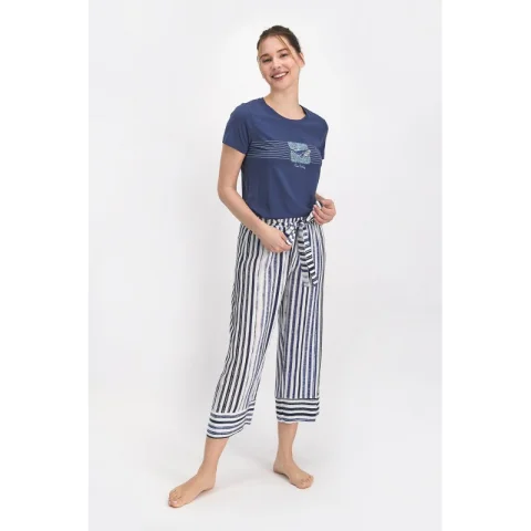 Pijama dama, bluza cu maneca scurta, imprimeu Marine si pantaloni 3/4 cu elastic in talie