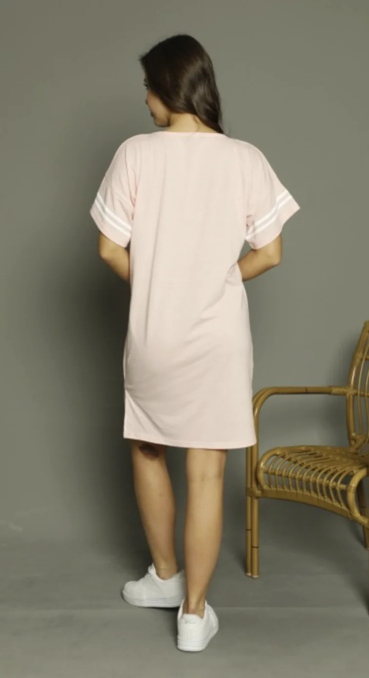 Rochie casual damă cu mânecă scurtă, până la genunchi, imprimeu Make Life, roz