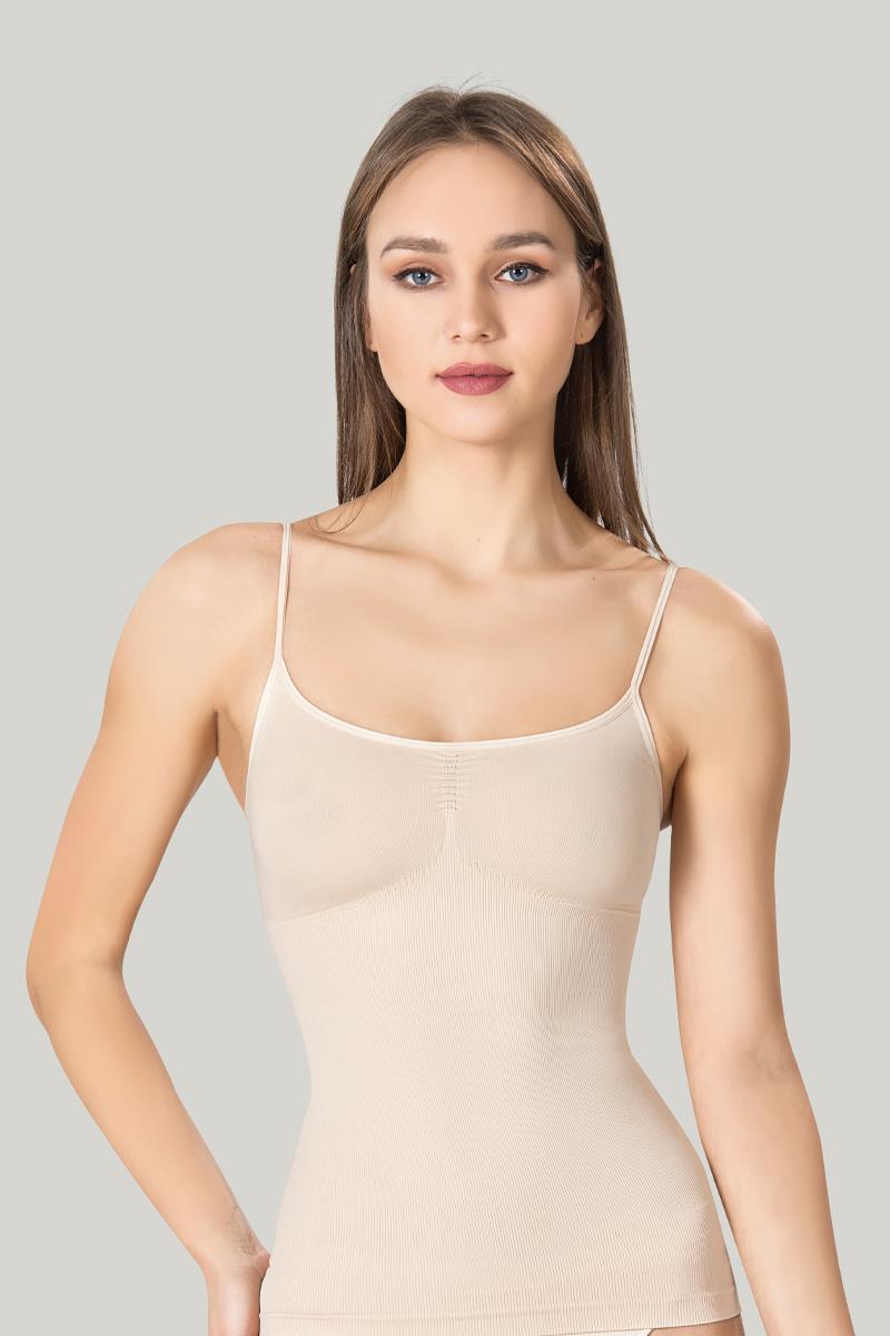 Maiou dama modelator in talie cu bretele subtiri, material moale, culoare bej