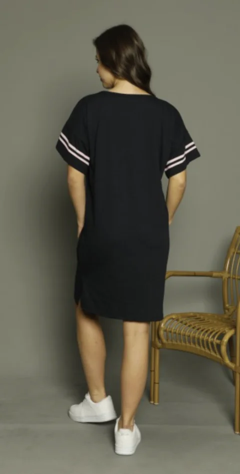 Rochie casual damă cu mânecă scurtă, până la genunchi, imprimeu Be Nice, negru