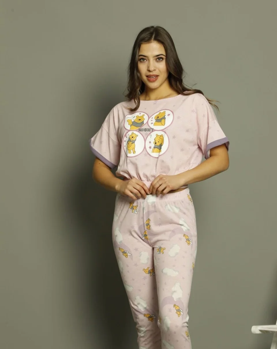 Pijama damă, cu mânecă scurtă  și pantaloni lungi din bumbac, imprimeu Good Night