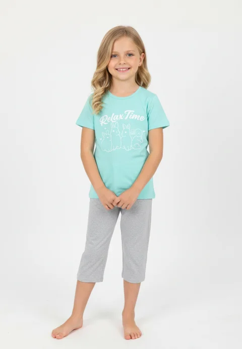Pijama fete Paște, Verde – tricou bumbac 100% și pantaloni 3/4
