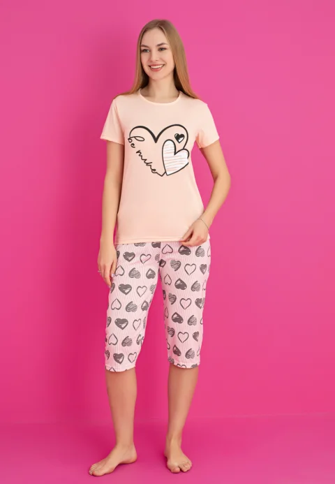 Pijama damă bumbac – tricou și pantaloni 3/4, imprimeu BE MINE roz