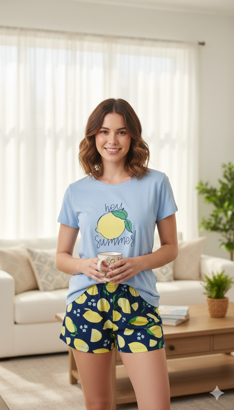 Pijama dama Big Size din bumbac, imprimeu ,,Hey Summer!'', maneca scurta si scurti, albastru