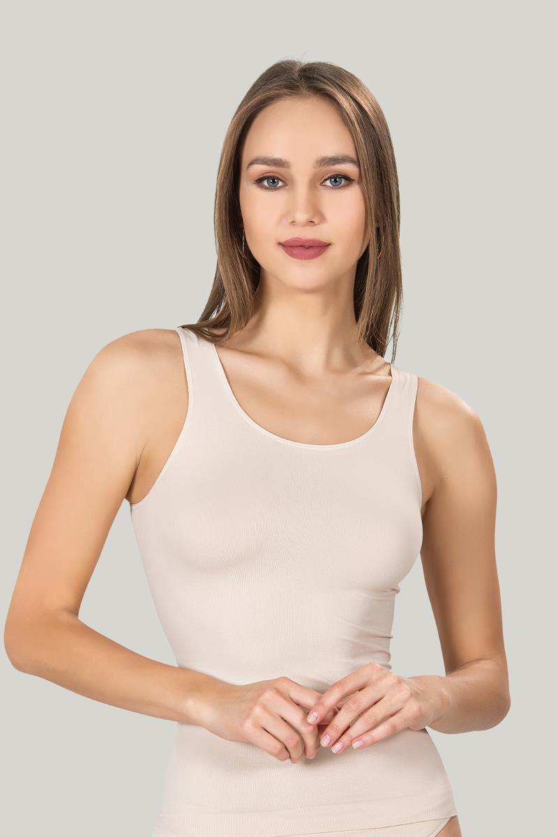 Maiou dama modelator in talie cu bretele groase, material moale, culoare bej