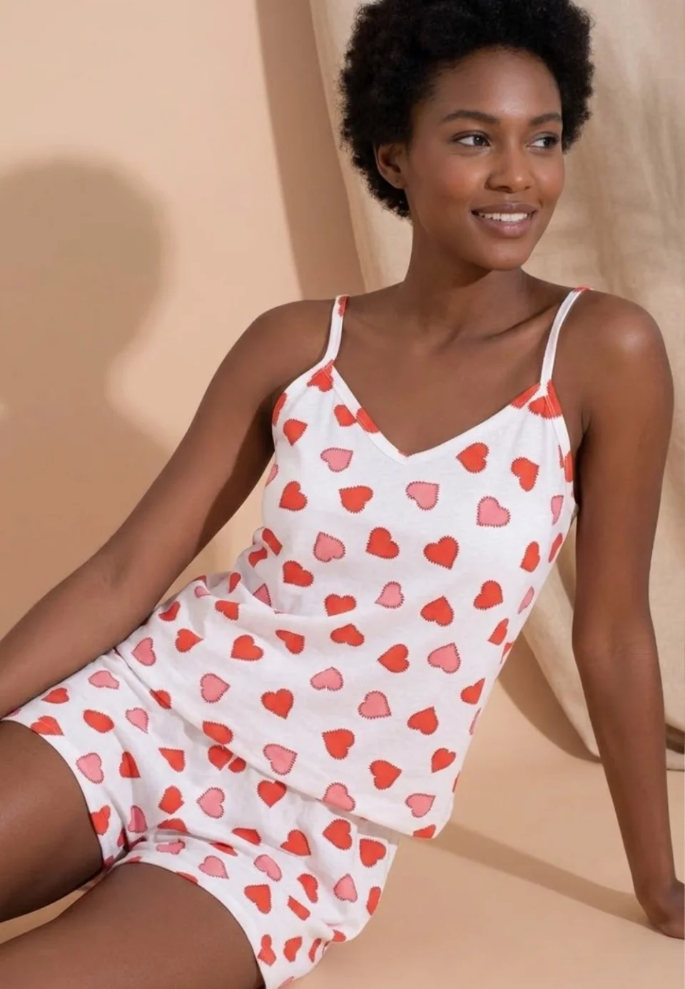 Pijama damă, 100% bumbac, maiou și short, imprimeu inimi