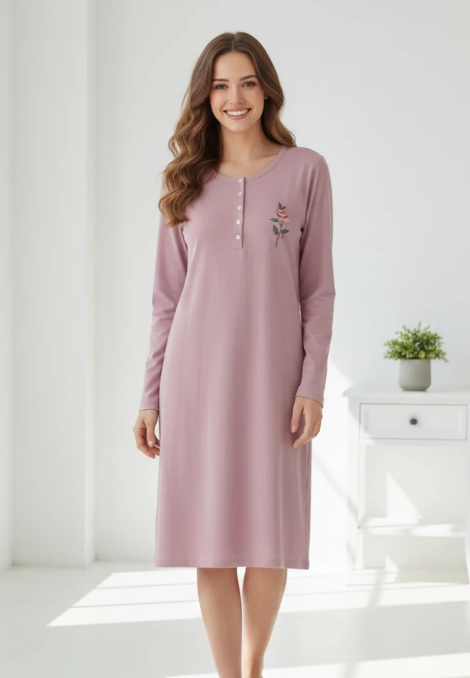 Rochie de casă mov cu imprimeu trandafir, mânecă lungă, bumbac