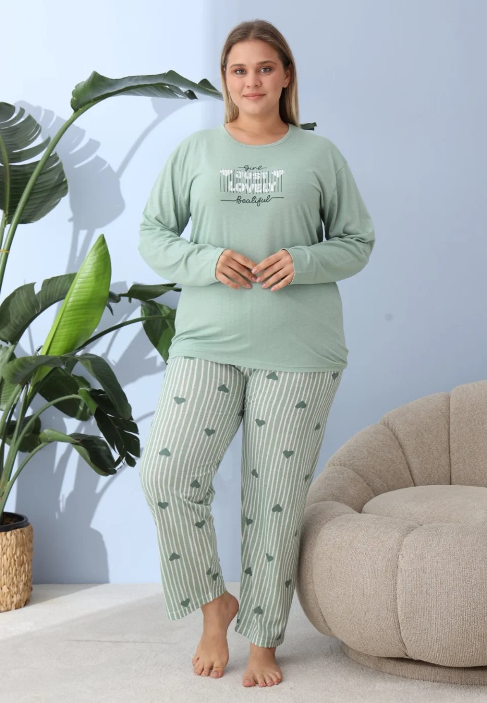 Pijama damă big size verde, imprimeu Just Lovely, 100% bumbac