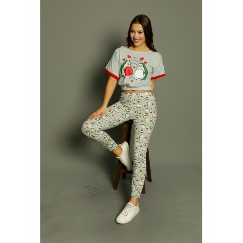 Pijama damă, cu mânecă scurtă  și pantaloni lungi din bumbac, imprimeu ,,You Complete Me''