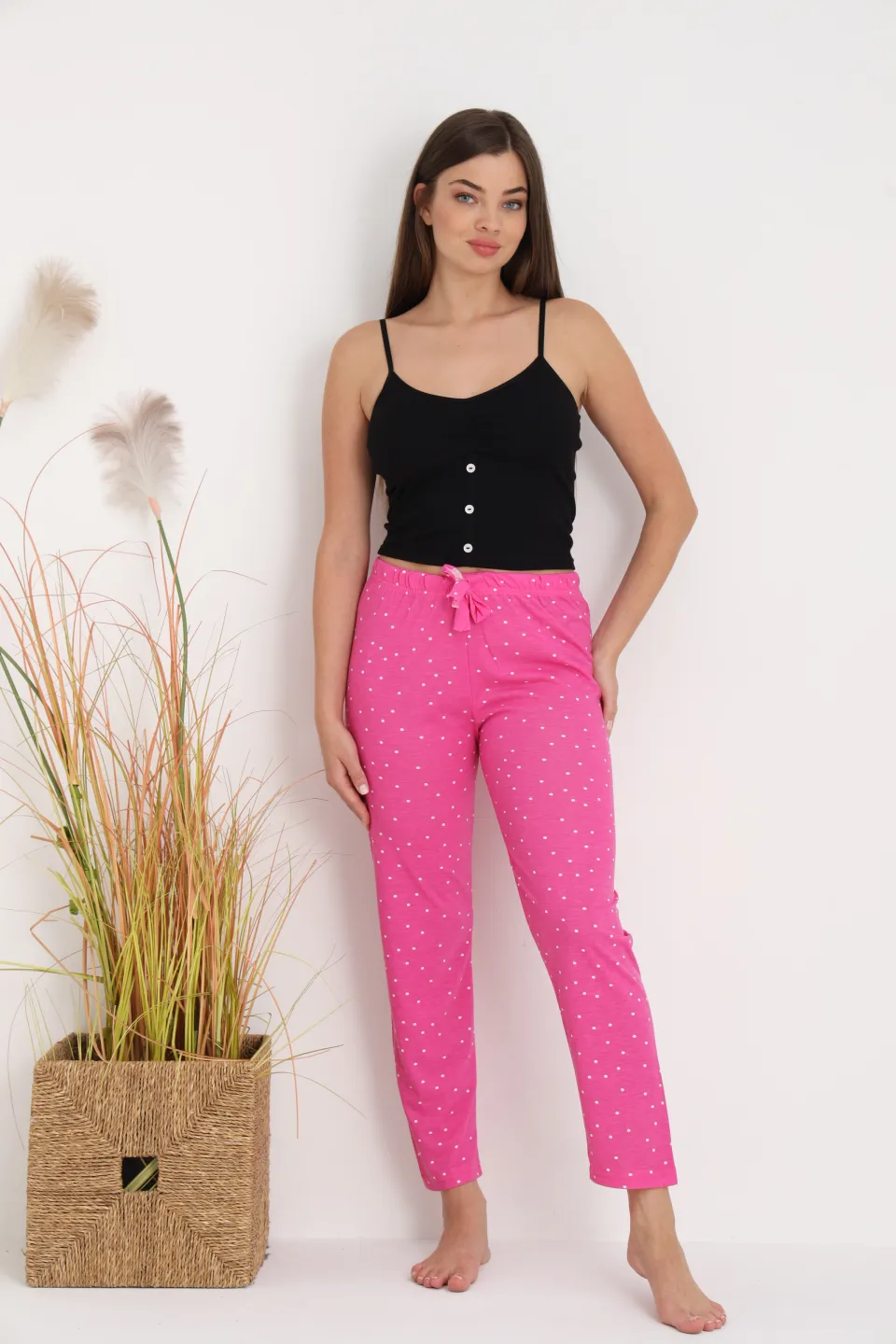 Pantaloni de pijama damă roz cu puncte albe