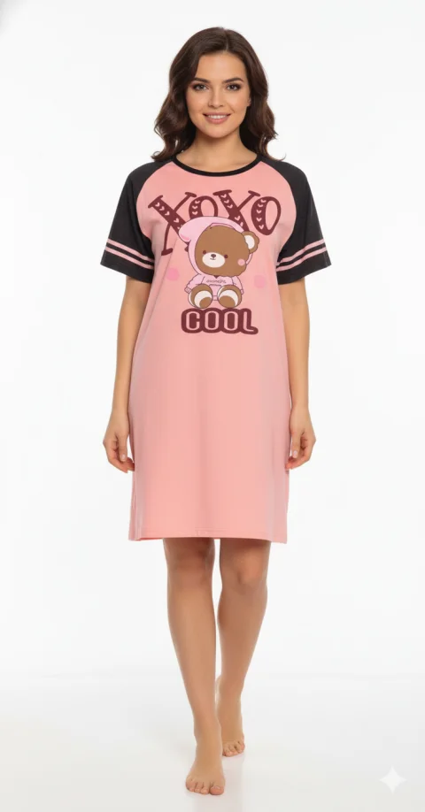 Rochie casual damă cu mânecă scurtă, până la genunchi, imprimeu XOXO, roz