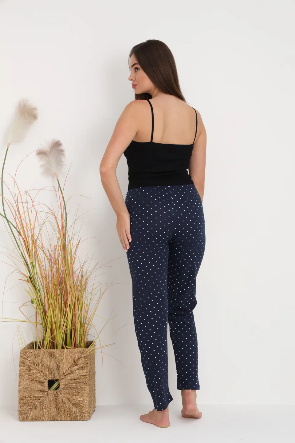 Pantaloni de pijama damă bleumarin cu puncte albe