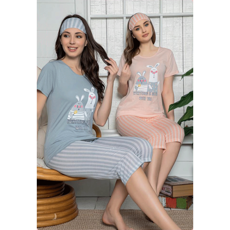 Pijama Dama din Bumbac – Set Tricou cu Iepurași și Pantaloni 3/4, Masca de Dormit, gri