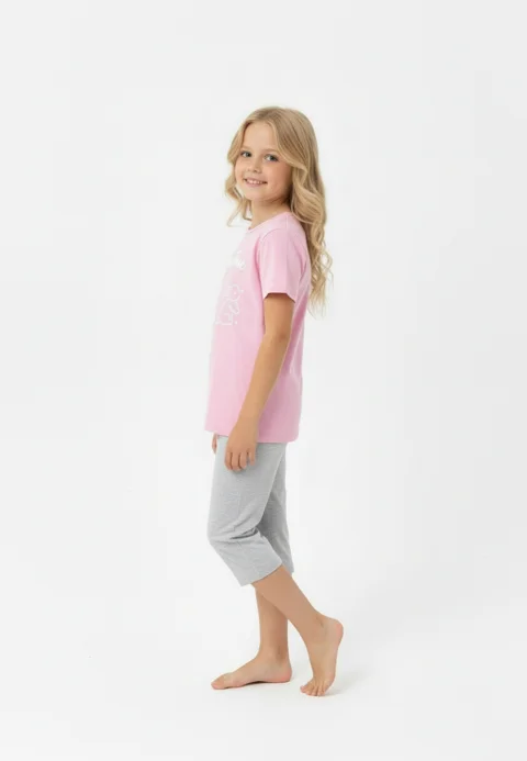 Pijama fete Paște, Roz – tricou bumbac 100% și pantaloni 3/4