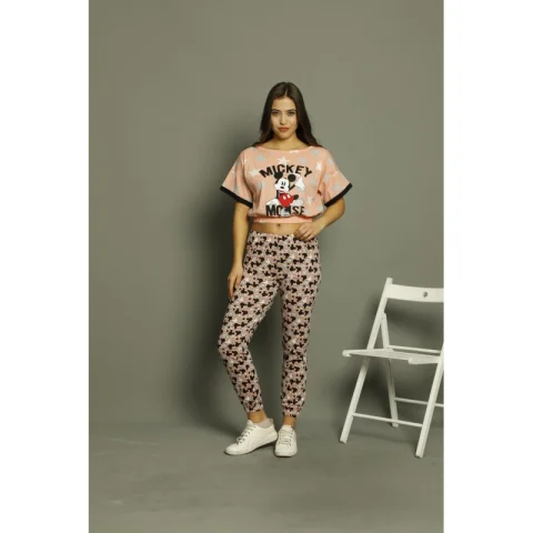 Pijama Dama din Bumbac cu maneca scurtă și pantaloni lungi – Set cu Imprimeu Mickey Mouse