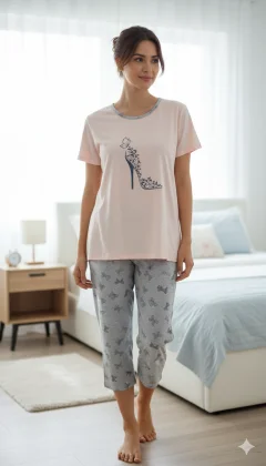 Pijama damă tricou crem cu imprimeu pantof fluture și pantaloni 3/4 gri cu fundițe