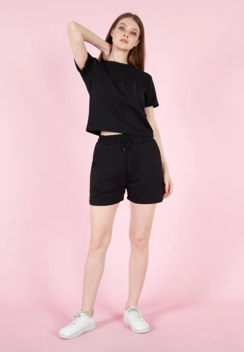 Compleu damă cu tricou și short cu talie elastică, bumbac- culoare negru