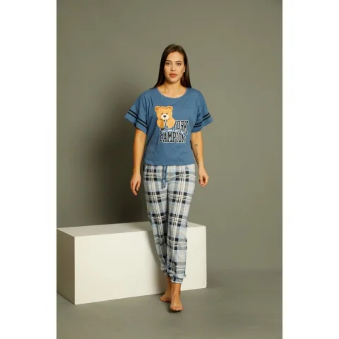 Pijamale Serena , maneca scurta, pantaloni lungi, culoare albastru, imprimeu ursulet