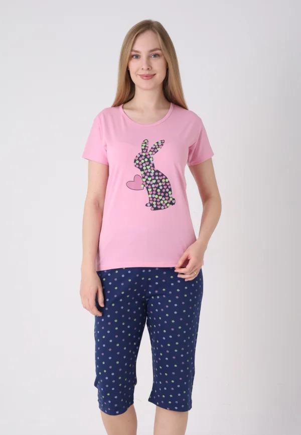 Pijama damă cu model de Paște, roz deschis – tricou bumbac și pantaloni 3/4