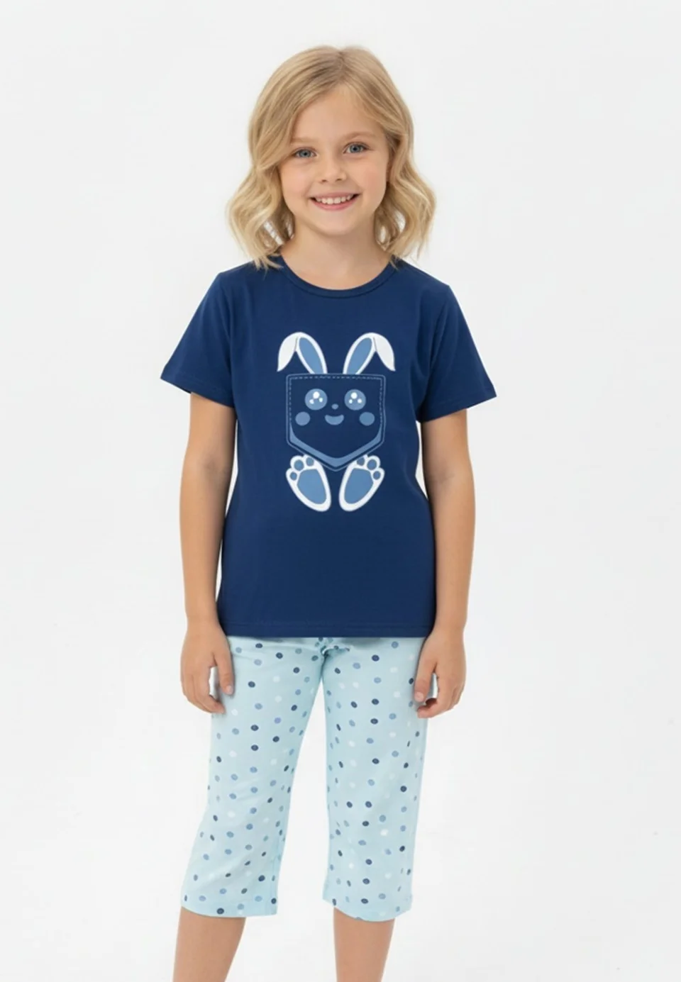 Pijama fete Paște, bleumarin – tricou bumbac 100% și pantaloni
