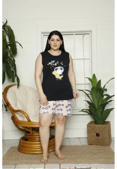 Pijama dama din bumbac Big Size cu imprimeu panda, maiou si pantaloni scurti, negru