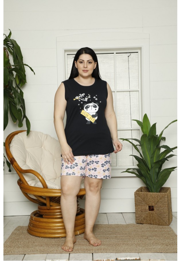 Pijama dama din bumbac Big Size cu imprimeu panda, maiou si pantaloni scurti, negru