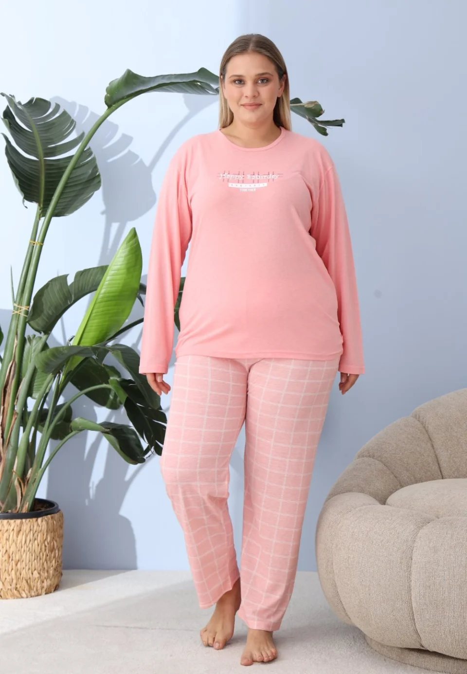 Pijama damă big size roz piersică, imprimeu Happy Saturday, 100% bumbac