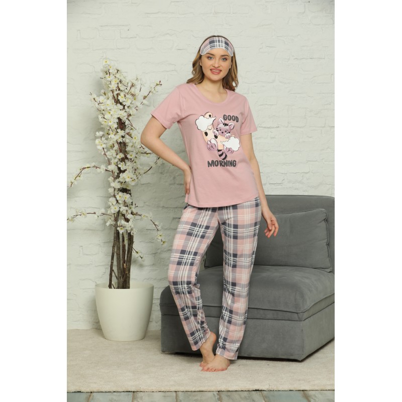 Pijama de Primăvară pentru Dama cu Masca de Dormit, maneca scurta, pantaloni lungi, Imprimeu Good Morning, roz