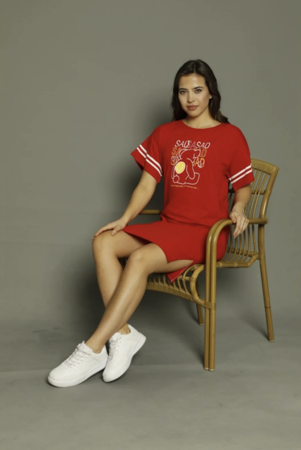 Rochie casual damă cu mânecă scurtă, până la genunchi, imprimeu Sad, rosu