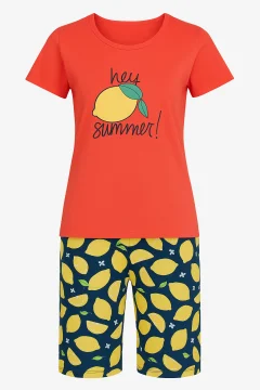 Pijama dama din bumbac, imprimeu ,,Hey Summer!'', maneca scurta si pantaloni scurti, rosu