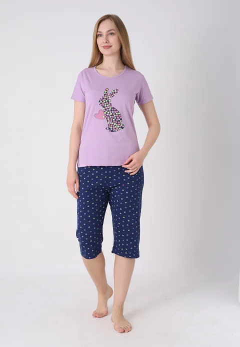 Pijama damă cu model de Paște, mov – tricou bumbac și pantaloni 3/4