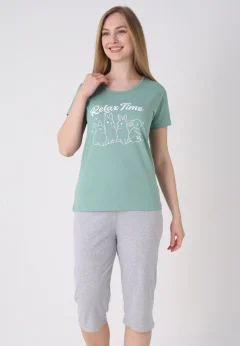 Pijama damă cu model de Paște, verde – tricou bumbac și pantaloni 3/4