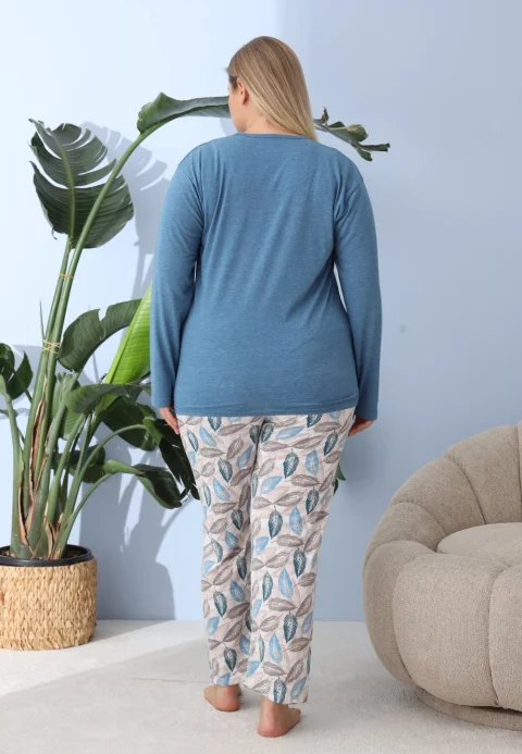 Pijama damă big size albastru, imprimeu Palm Beach, 100% bumbac