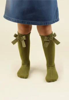 Șosete fetițe 3/4, bumbac, cu fundiță decorativă- culoare kaki