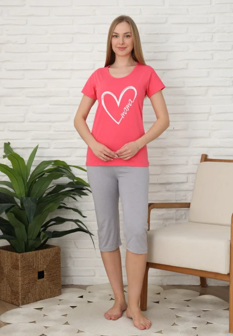 Pijama familie-damă, bumbac, mânecă scurtă și pantaloni 3/4, culoare roz, imprimeu inima